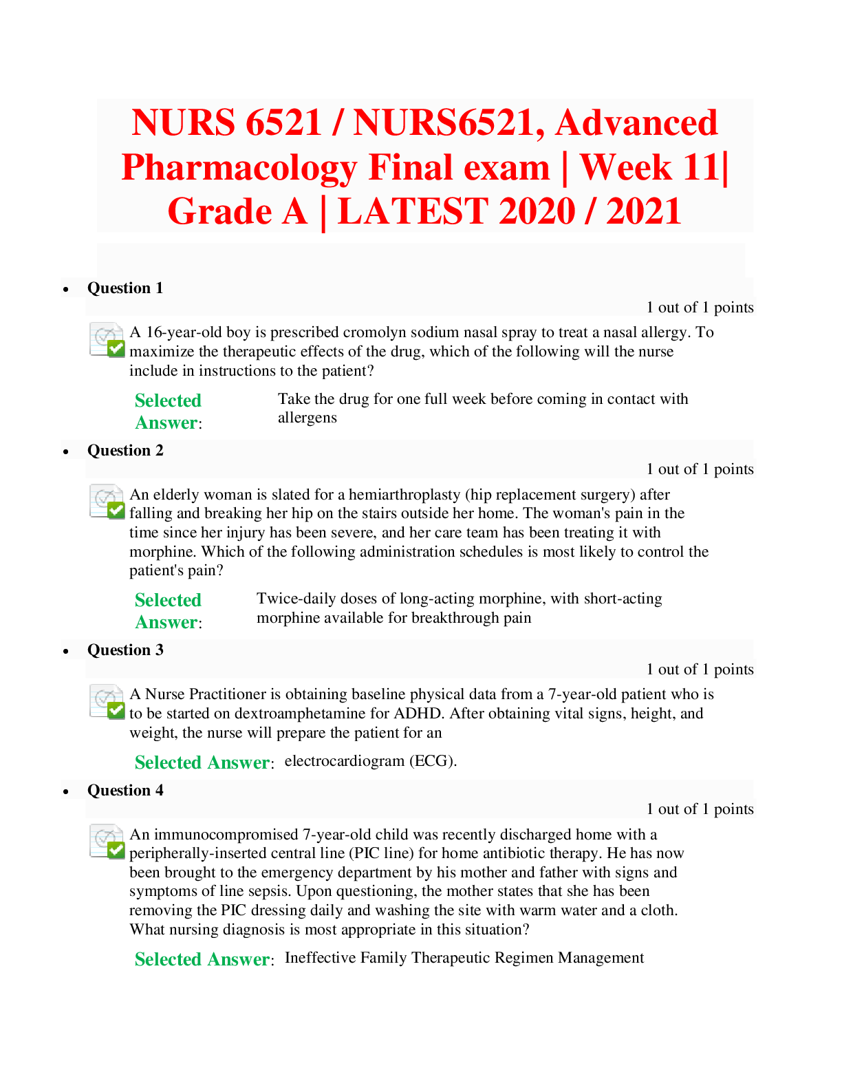 Preview of NURS 6521 / NURS6521, Advanced Pharmacology Final exam | Week 11| Grade A | LATEST 2020 /